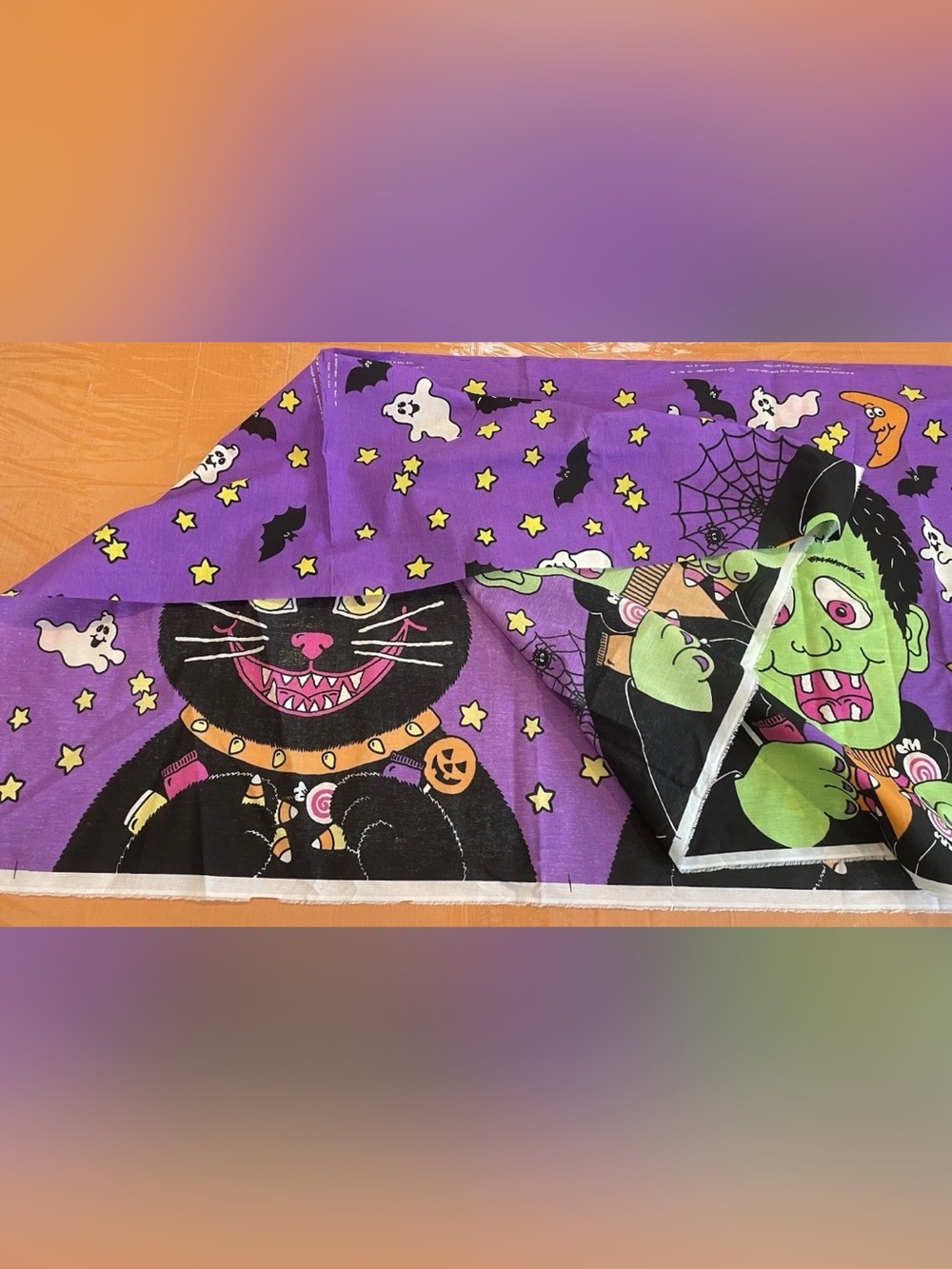 Vintage Halloween Fabric Glow In The Dark 60x80 Frankenstein Black Cat Purple